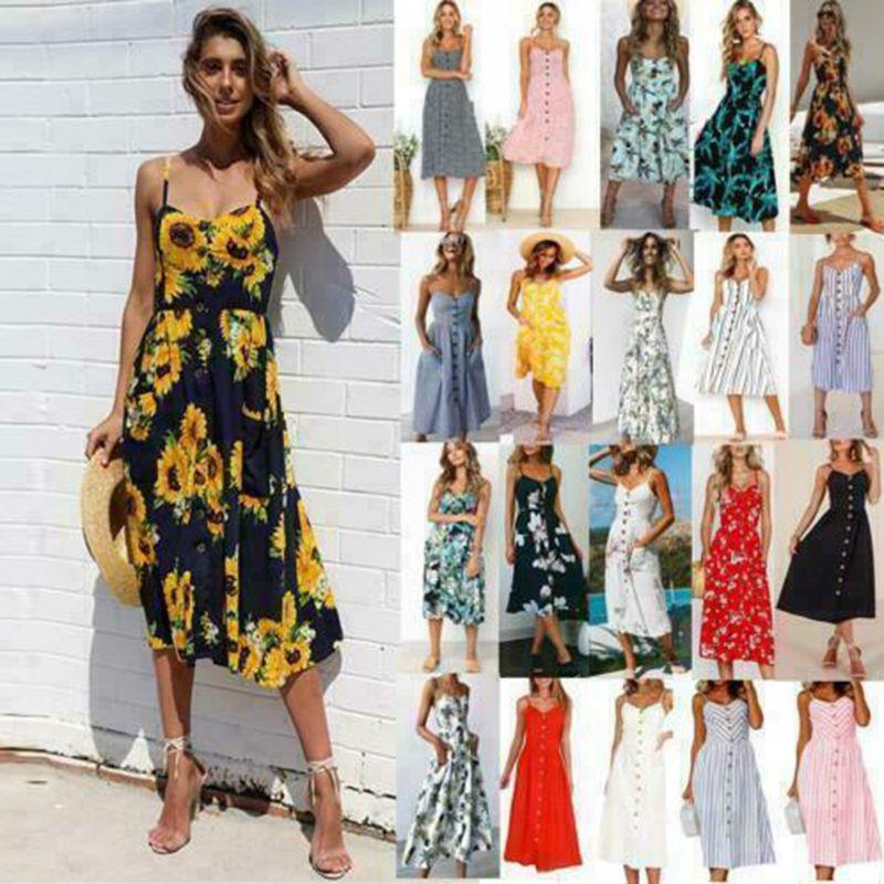 Stylish Boho Women's Summer Beach Midi Dress With Strappy Design And Button Pockets