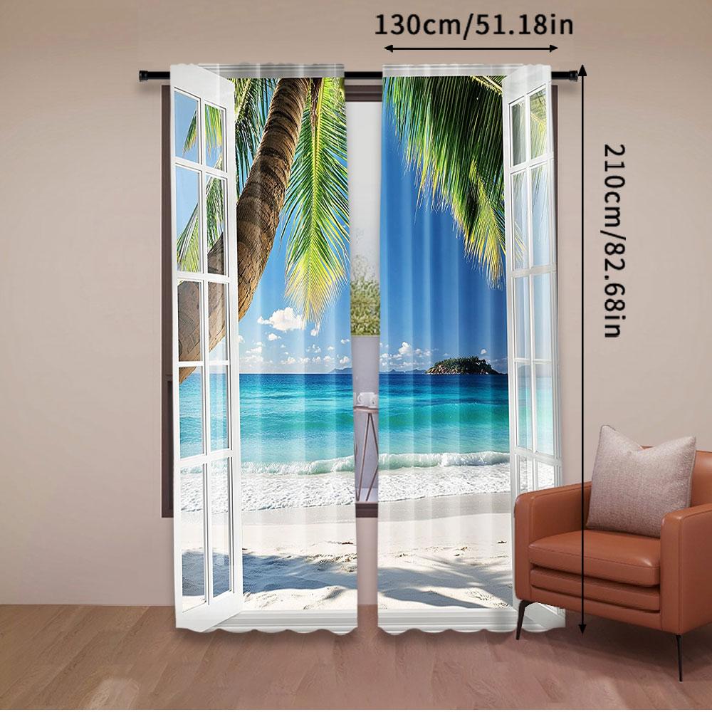 Natural Scenery Curtain Tropical Palm Trees Island Ocean Beach Window Drapes Home Dorm Bathroom Bedroom Set Of 2 Made Polyester Washable Ready