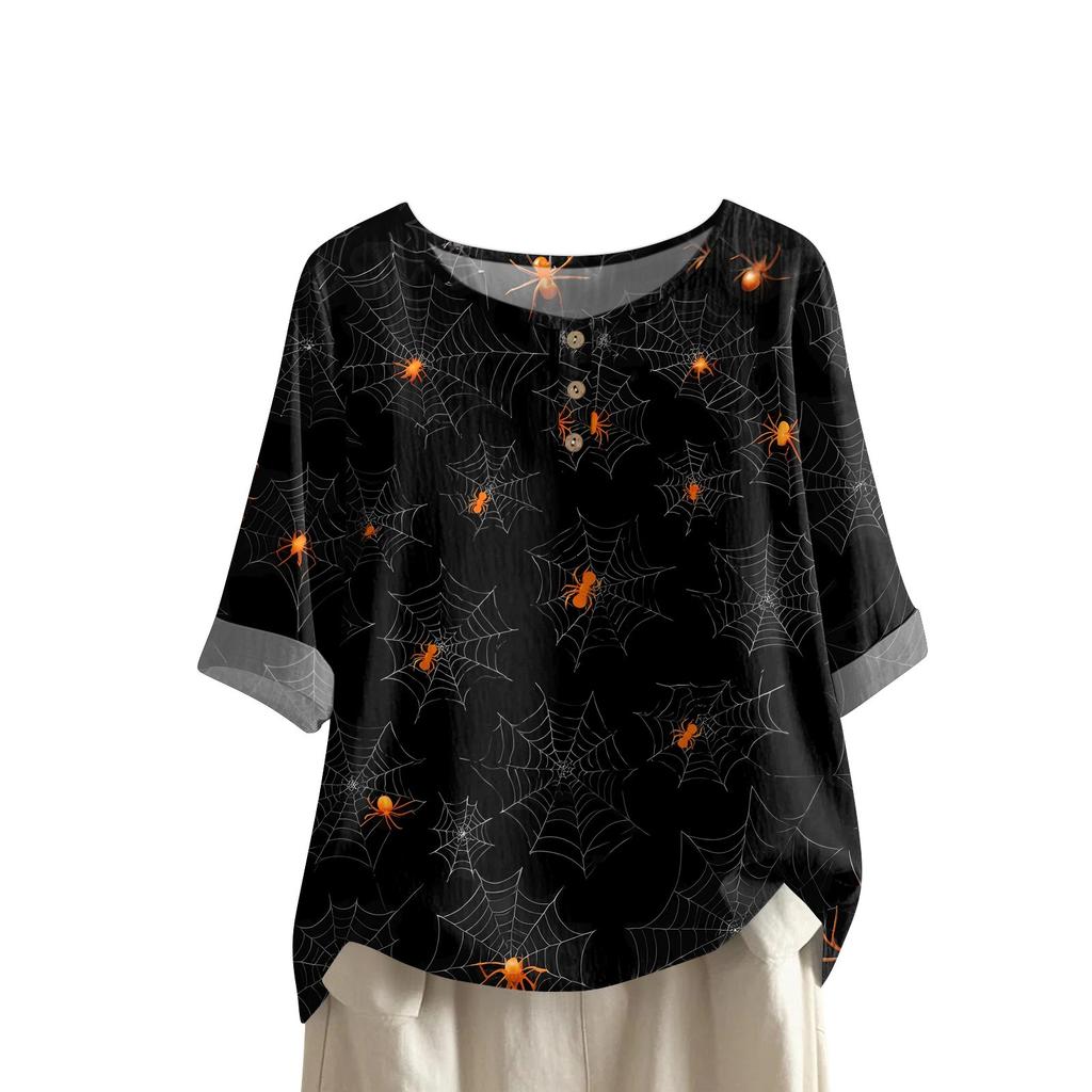 Damen Modisches Und Lässiges Shirt Halbarm Rundhals Print Baumwolle Und Leinen Bluse Top