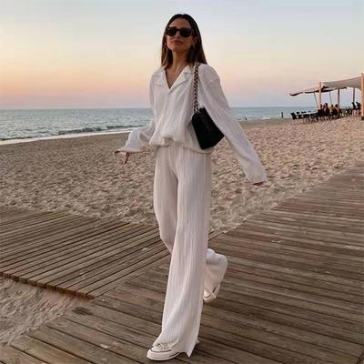 Spring Women's Shirt Pleated Two Piece Set Loose High Waist Wide Leg Pants Suit 2022 Casual Elegant Office Ladies Female Outfit