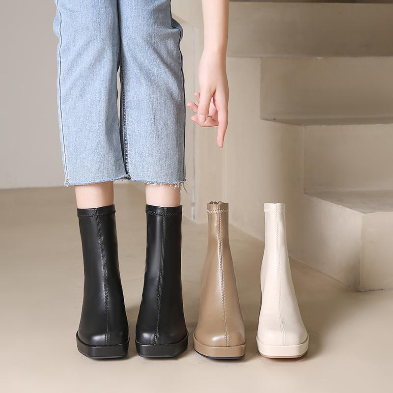 Women's High Heels Short Boots Fashion Autumn Winter Chunky Heels Waterproof Shoes Square Toe Plus Size Ankle Boots