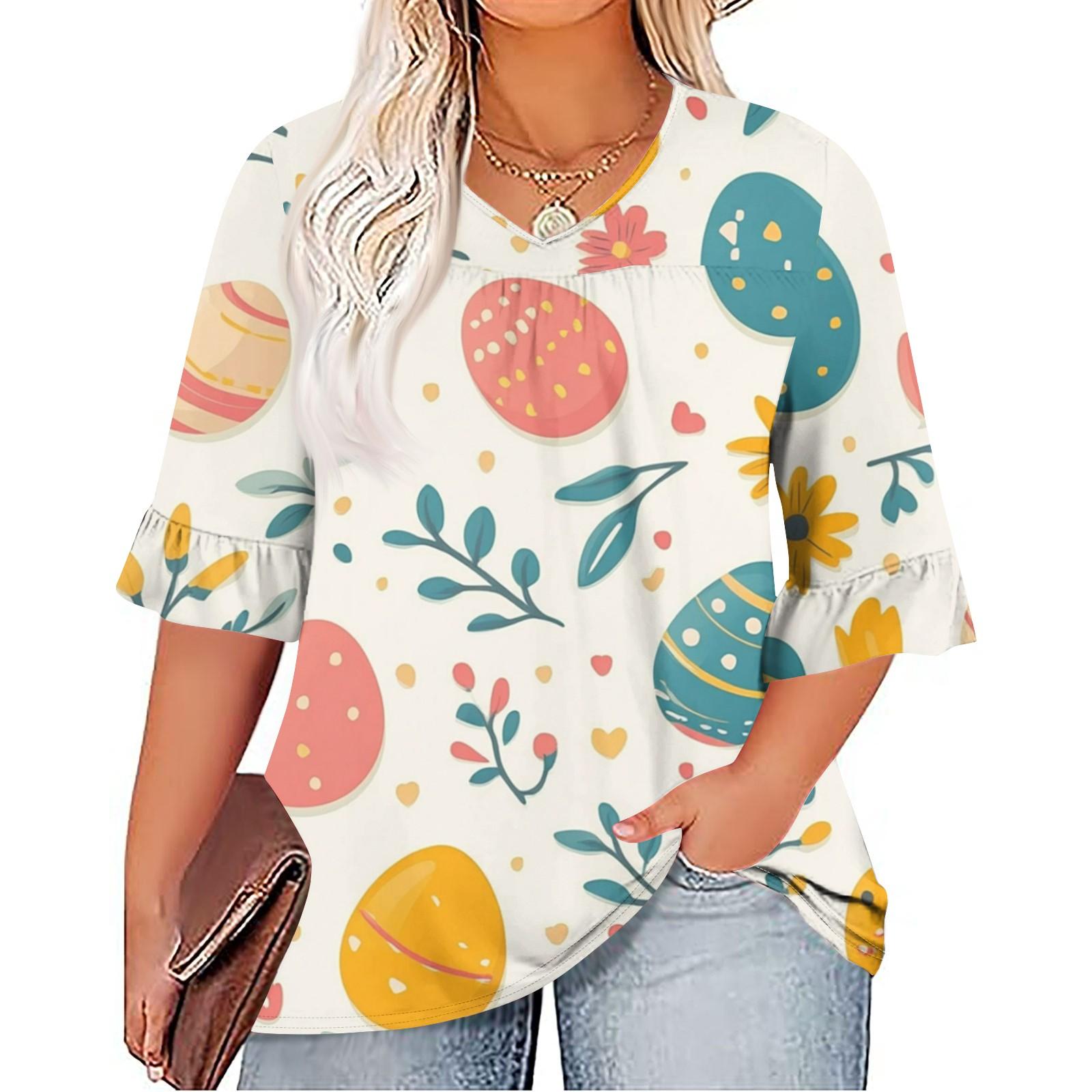 

Женская мода повседневная Пасха принтованная V-образный вырез рукав семь минут оборки рукав футболка топы плюс размер женская XXXL хаки