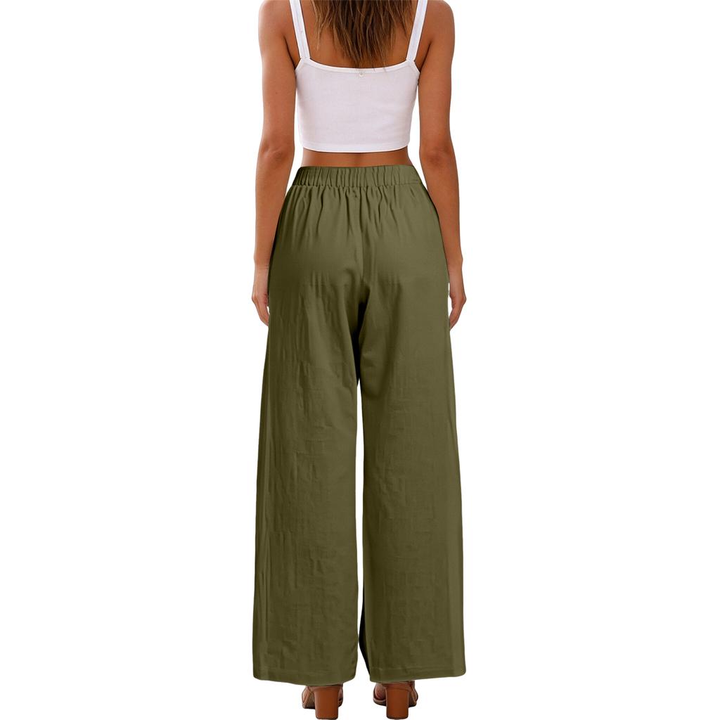 Women's Linen Wide Leg Pants Elastic Waist Summer Beach Vacation Lightweight Loose Fit Long Trousers Casual Comfortable