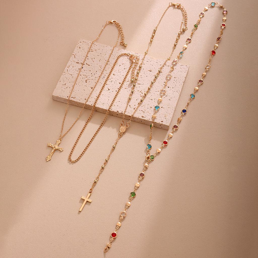 Popular multi-layer cross necklace women's color zircon collarbone chain wind exquisite jewelry