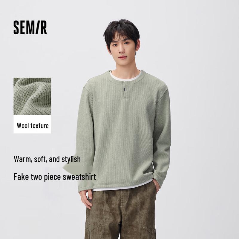 Semir Men's Winter Faux Two-Piece Crew Neck Knit Sweatshirt