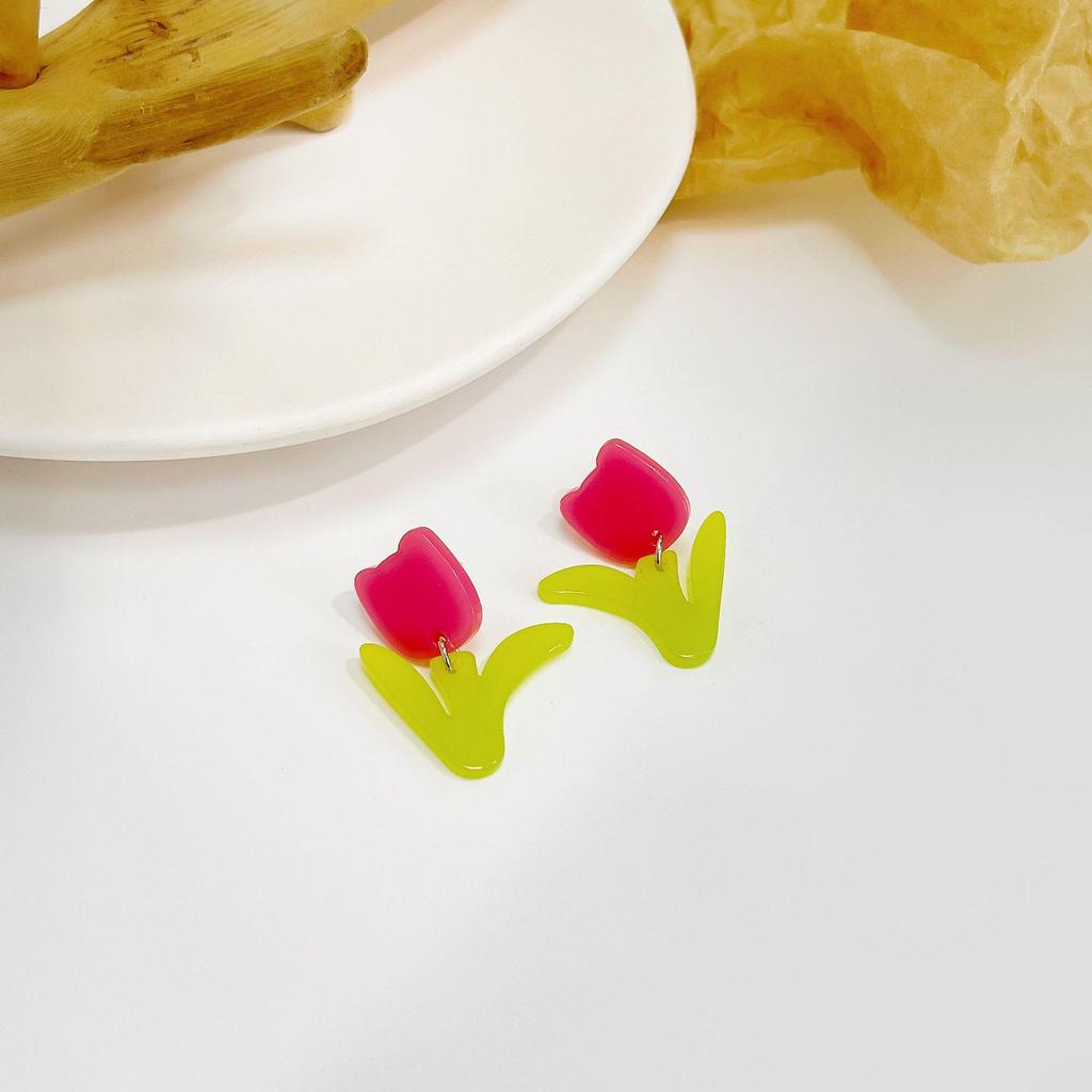 Silver Needle Exquisite Pink Tulip Floral Stud Earrings for Women - Sweet Romantic Jewelry