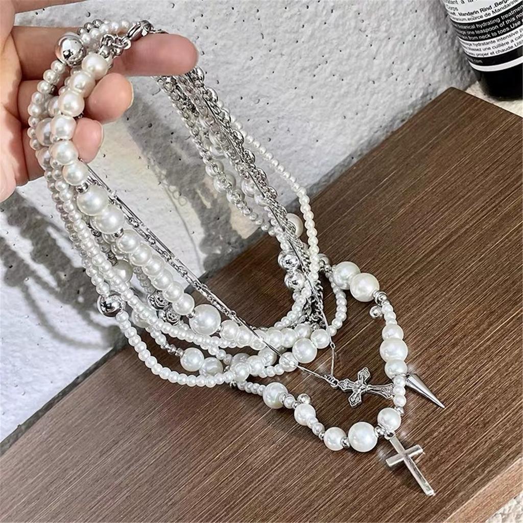 Tooxika Niche Design Cool Personality Cross Rivets Multi-element Stacking Pearl Necklace Light Luxury Sense Of High Class Collarbone Chain