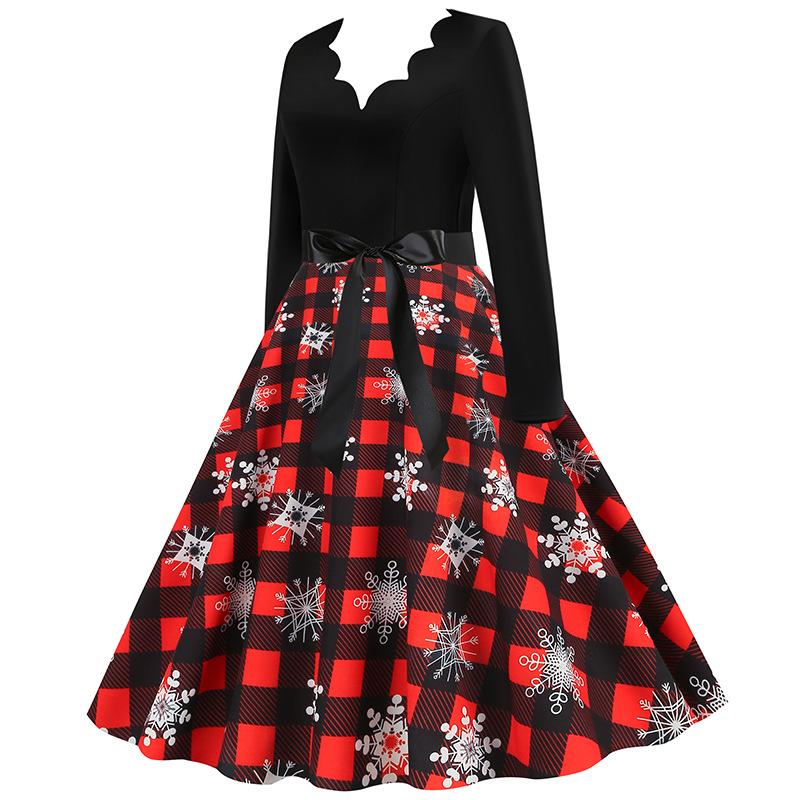 Women's V Neck Long Sleeve Midi Dress A-Line Mid Waist Elegant Christmas Plaid Snowflake Print Dress