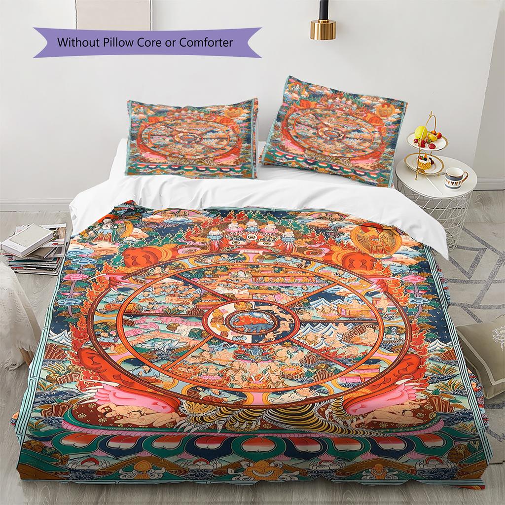 Buddhism Wheel Pattern Bedding Quilt Set Quilt Cover Pillowcase Home Decoration Gift (1 * duvet cover + 2 * pillowcase, without core)