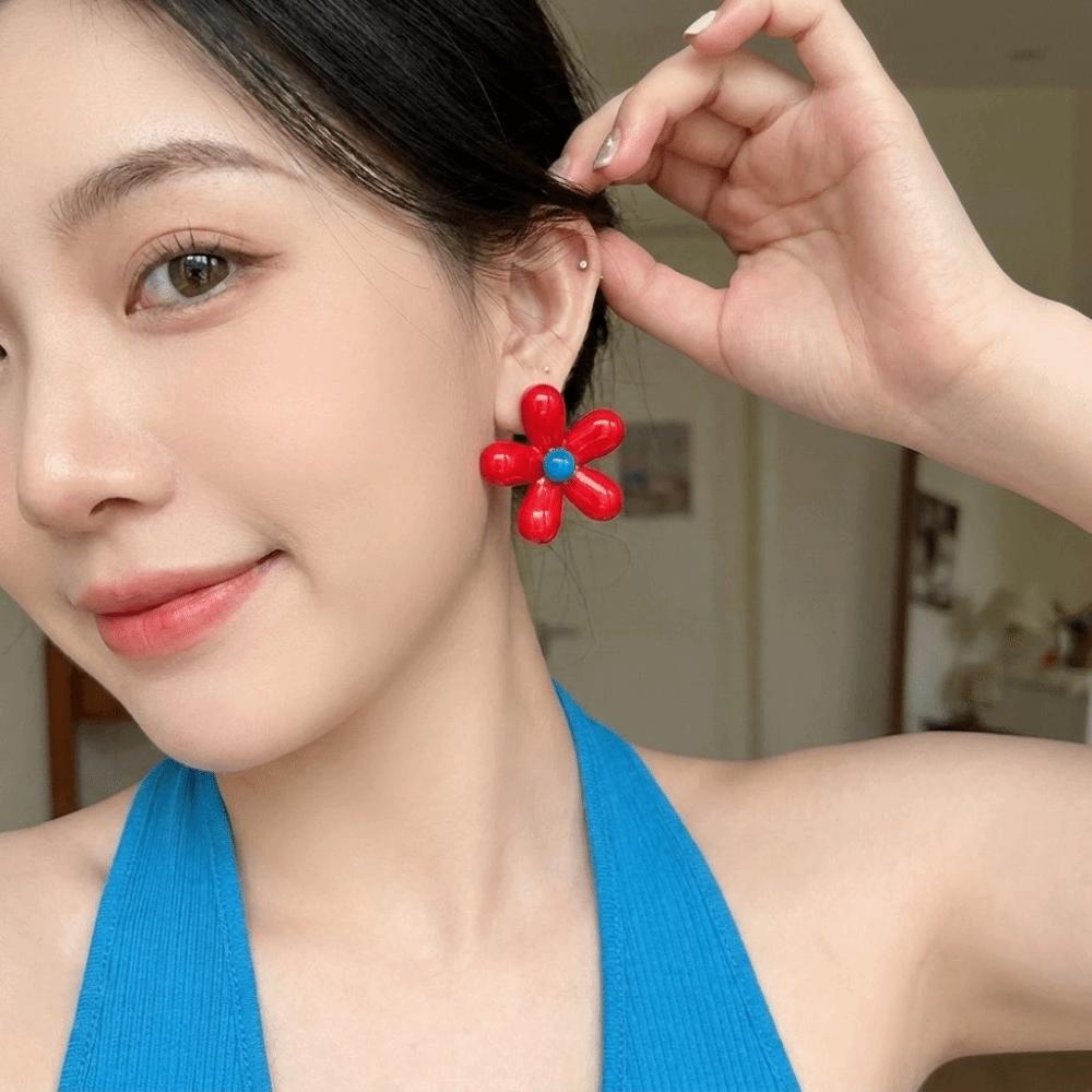 Asymmetry Design Flower Stud Earrings Bright Color Statement Earrings  Office