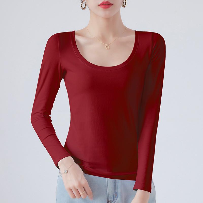 Cotton Crew Neck Slim Fit Long Sleeve Tshirt With Solid Color For Casual Wear