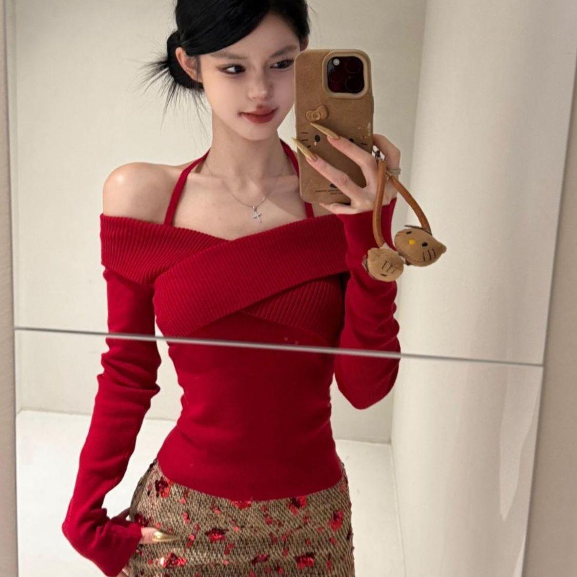 

Американский ретро красный свитер с открытыми плечами - Новогодний облегающий трикотаж для осени/зимы One Size красный