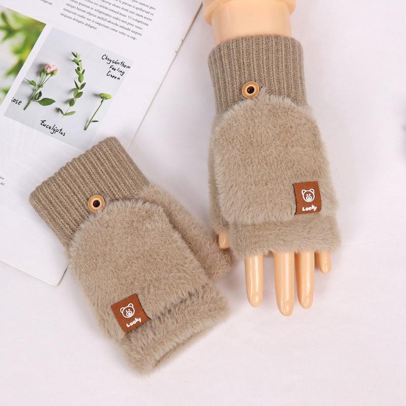 Open finger can be flipped half finger white plush gloves female autumn and winter thickened warm student writing riding