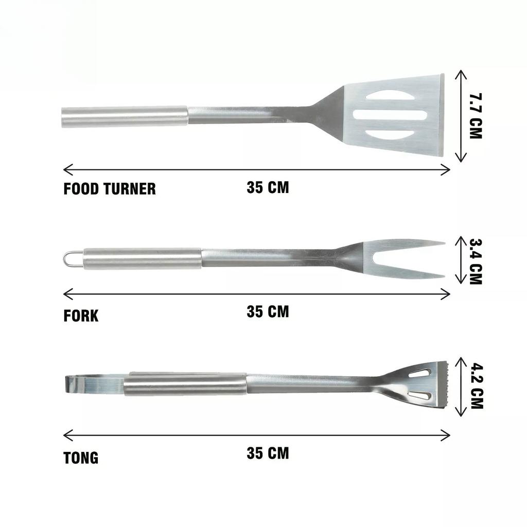 BBQ Tool Set Stainless Steel 3PC Premium Barbecue Utensils Food Turner Tong Fork