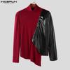 INCERUN Autumn Men's High Neck Long Sleeve PU Patchwork Irregular Casual T-shirts Undershirts