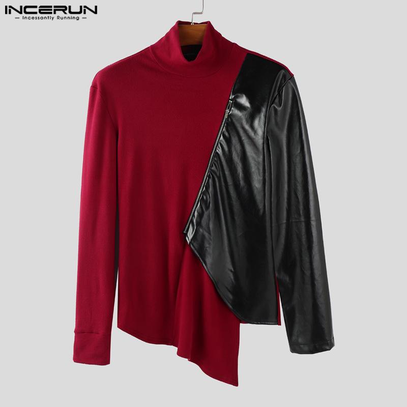 INCERUN Autumn Men's High Neck Long Sleeve PU Patchwork Irregular Casual T-shirts Undershirts