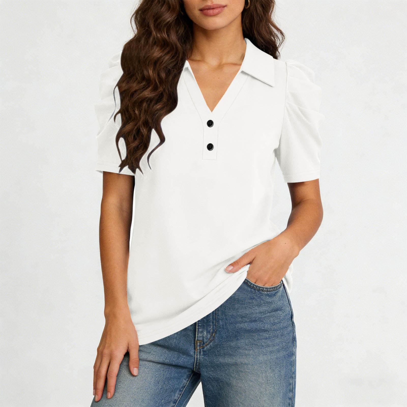 

Women s Color Lapel Pullover Short Sleeved Button Pleated Short Sleeved Top M білий