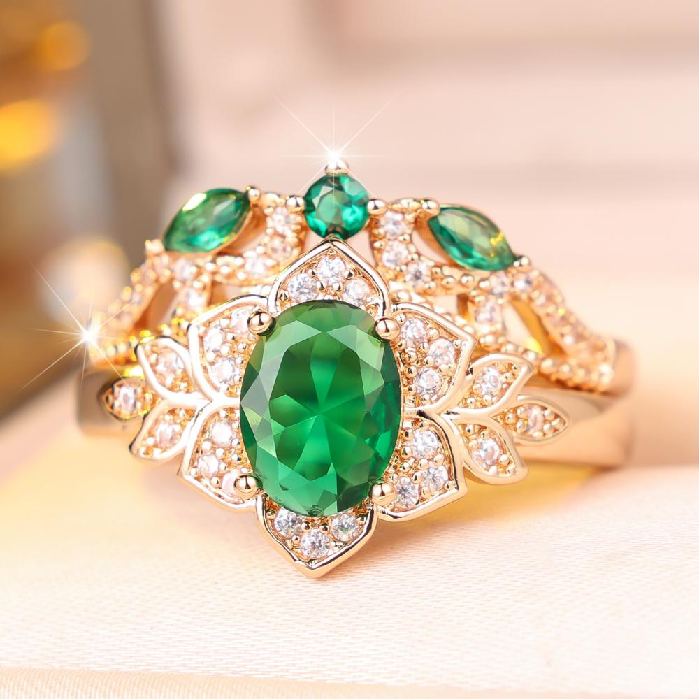 Delicate Gold Color Ring Set for Women Green Zircon Fashion Banquet Jewelry Gift