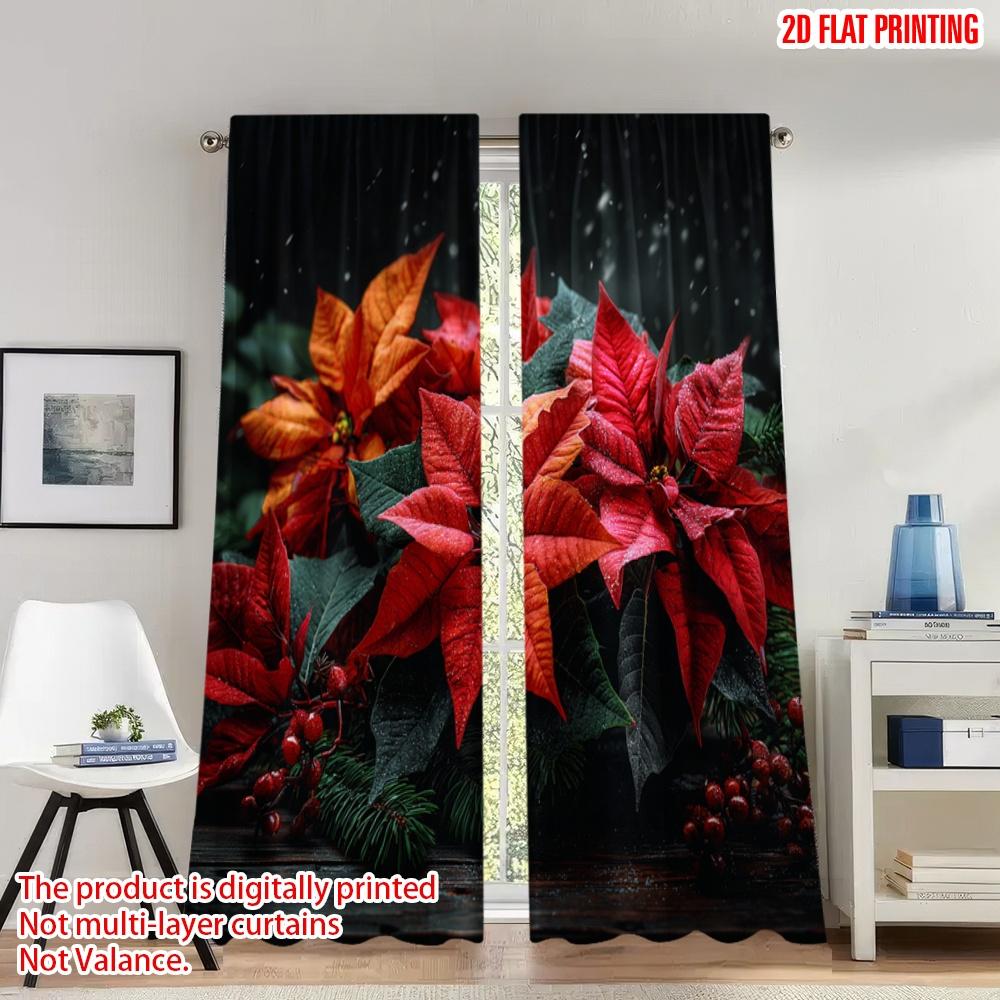 

Flat Printing Fashionable Christmas Curtains Poinsettia Floral Arrangement Digital Printed Polyester Drapes Set Of 2 Made W100*H70(CM)-Grommet top&1PCS