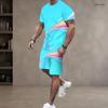 Men Plus Size Round Neck Short Sleeve Cyan Colorful Striped Printed T Shirt And Pocket Shorts Two Piece Set