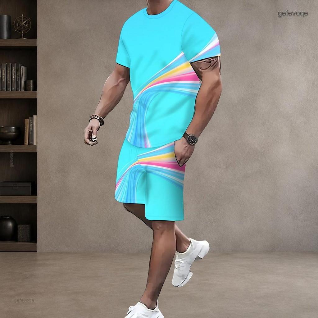 Men Plus Size Round Neck Short Sleeve Cyan Colorful Striped Printed T Shirt And Pocket Shorts Two Piece Set