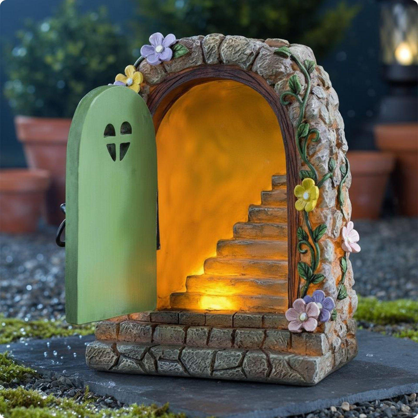 SunPowered Fairy Door Pastoral Style Lighted Staircase Weather Resistant Miniature Garden