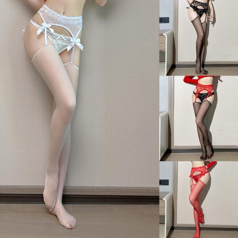 Womens See Through Thigh High Stockings with Garter Belt Lace Top Bowknot Sheer Pantyhose Open Crotch Suspender Tights
