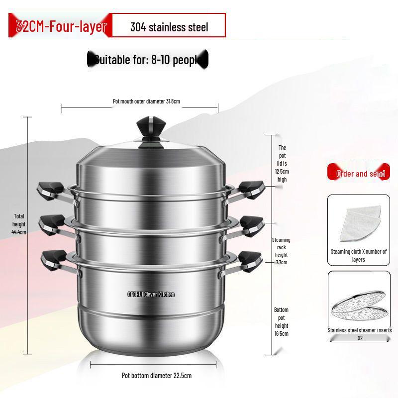 Large 304 Stainless Steel Three-Layer Household Steamer for Induction and Gas Stoves
