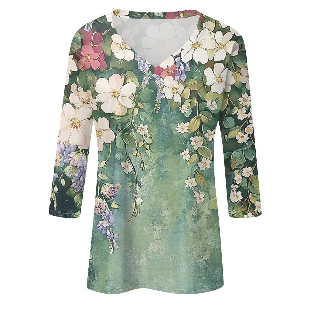 Women's T Shirt Tee Print 3/4 Sleeve Daily Weekend Fashion Basic V Neck  Regular Top