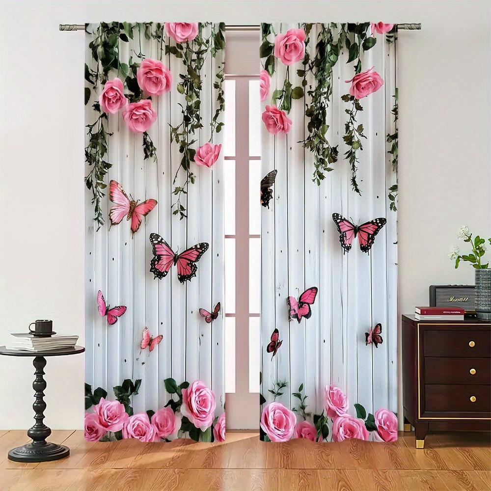 Schmetterling und Rose Verdunkelungsvorhänge 2 Stück – Schwarze Silhouette auf Rosa Blumigem Hintergrund, Romantische Schlafzimmer- oder Wohnzimmerdekoration