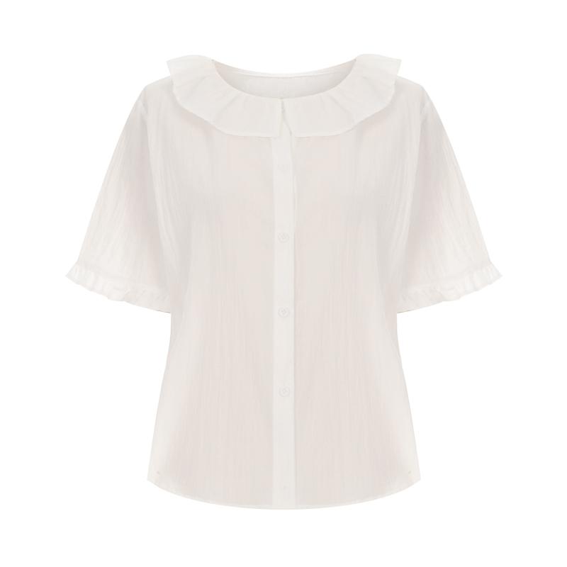 SELLY'S Shirred Neckline Short Sleeve Blouse_I6B-Cbl001