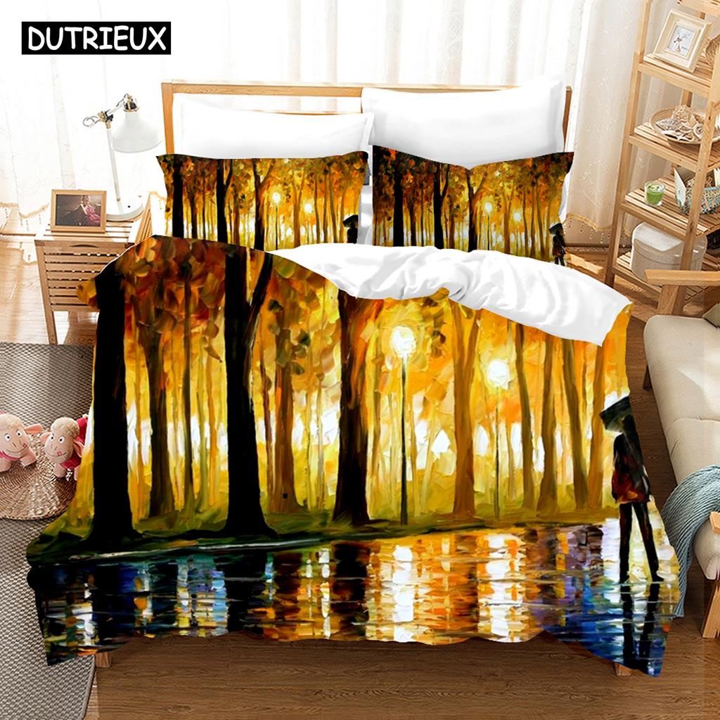 Fantasy Oil Painting Bedding Set House Bridge Scenery Duvet Cover Set Bedroom Bed Bedclothes Decor Luxury Gift Queen King Size