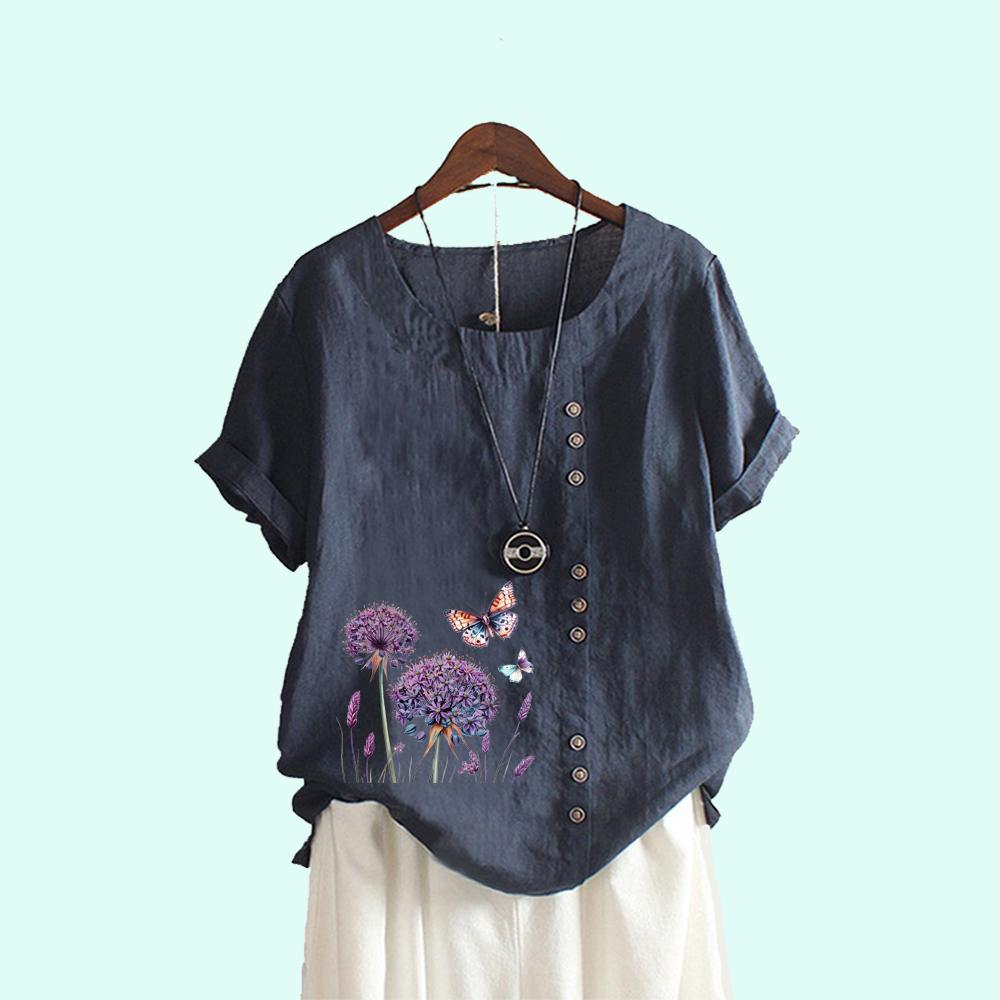 Women Summer Short Sleeve T-shirt Beautiful Flowers Print Casual Round Neck Blouses Plus Size Clothes