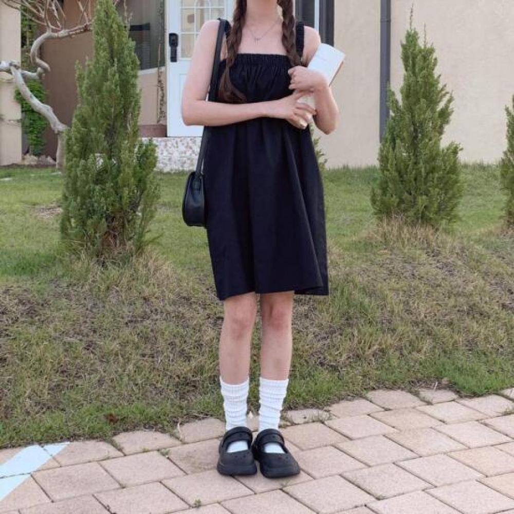 New ArrivAls Open Run BAck Ribbon Slit A Line All Shirring Sleeveless Dress