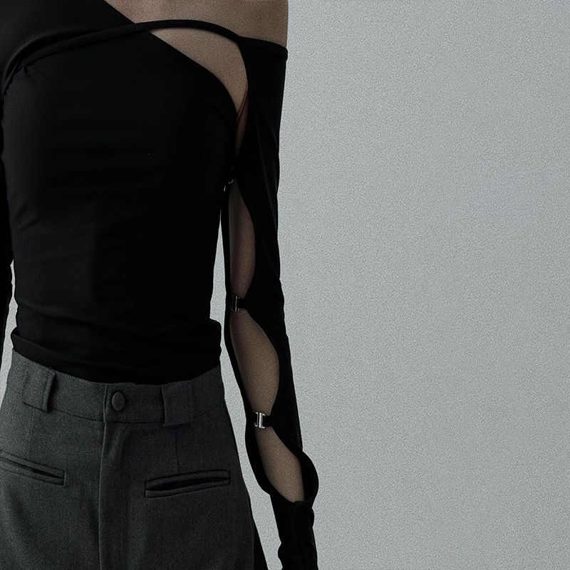 Damski Czarny Jednoramienny Krótki Top Długi Rękaw Dopasowany Casualowy Streetwear Bluzka