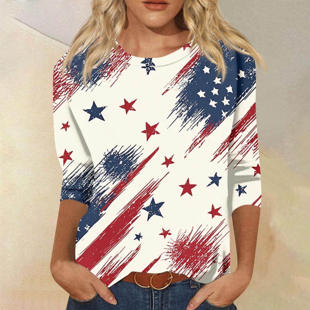 Women's Fashion Casual Seven-Sleeve Independence Day Print Round Neck Top