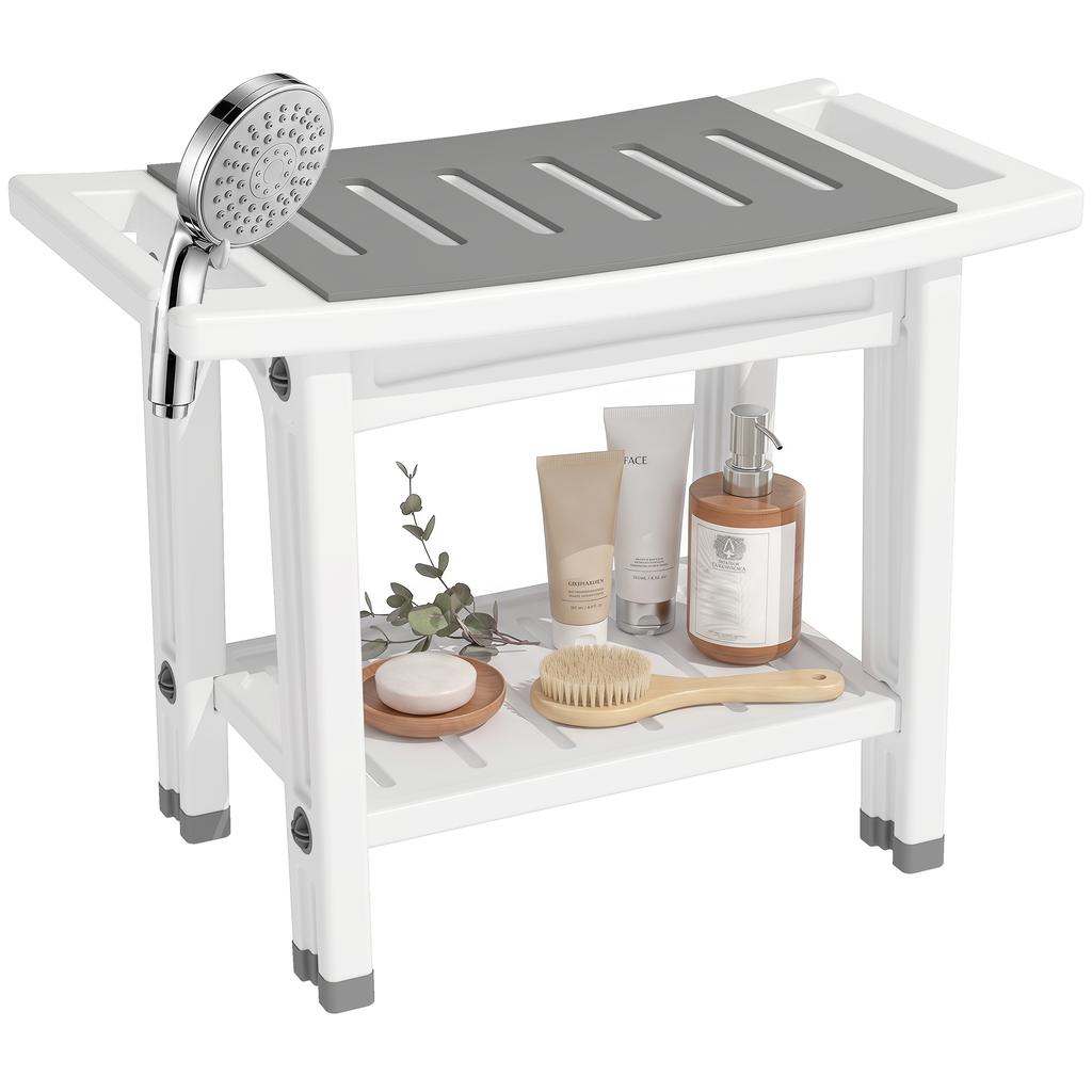 Shower Bench 2-Tier Shower Stool Bathroom with Shelf White and Grey
