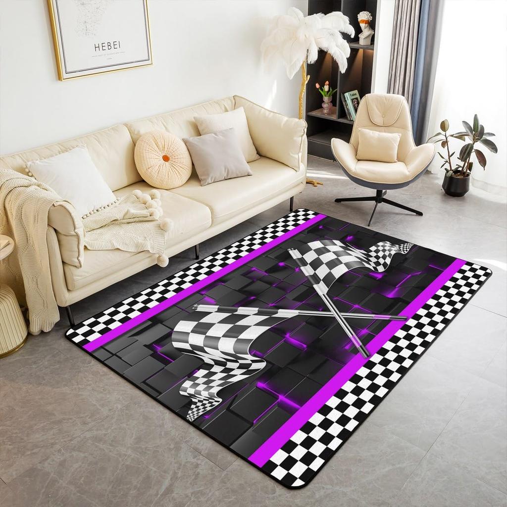 Erosebridal Racing Flag Non Slip Rug 3x5 for Boys Men,Race Car Theme Area Rug,Yellow Glowing Checkered Indoor Floor Mat,Black White Plaid Gr