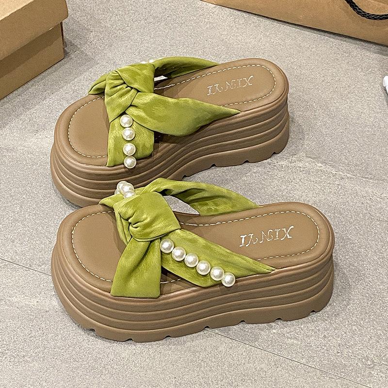 2025 Spring and Summer New Cool Slippers Muffin Thick Bottom Small Man Height Increase Bow Pearl Super High Thick Bottom Fashion Drag