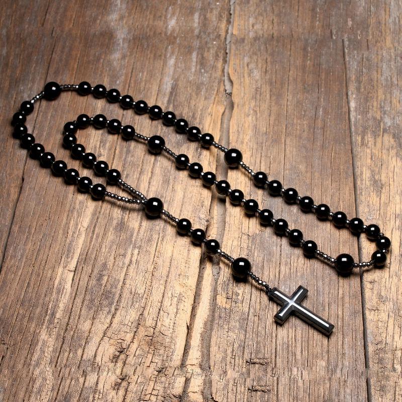 Natural Black Onyx Beads Catholic Christ Rosary Necklaces Hematite Cross Pendant Men Necklace Meditation Mala Jewelry