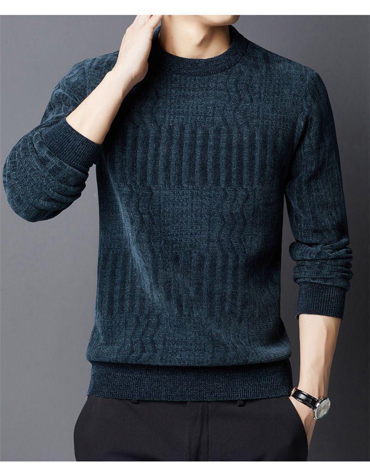 Mid-aged Men's Fleece-lined Warm Chenille Round Neck Base Layer Knitwear for Autumn/Winter