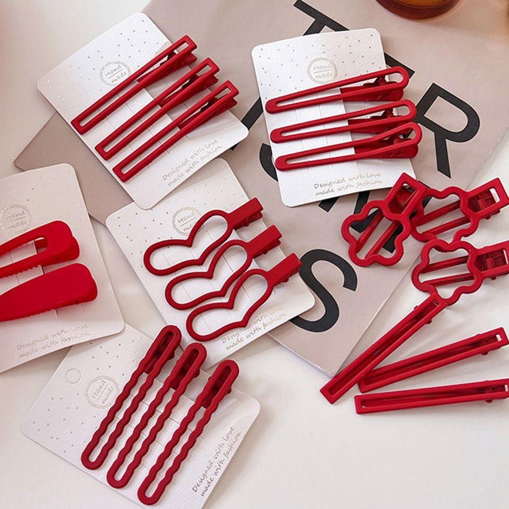 Red New Year's Red Hair Clip Chinese Style Matte Snap Hair Clips Red Rhinestone Hairpin  Girl