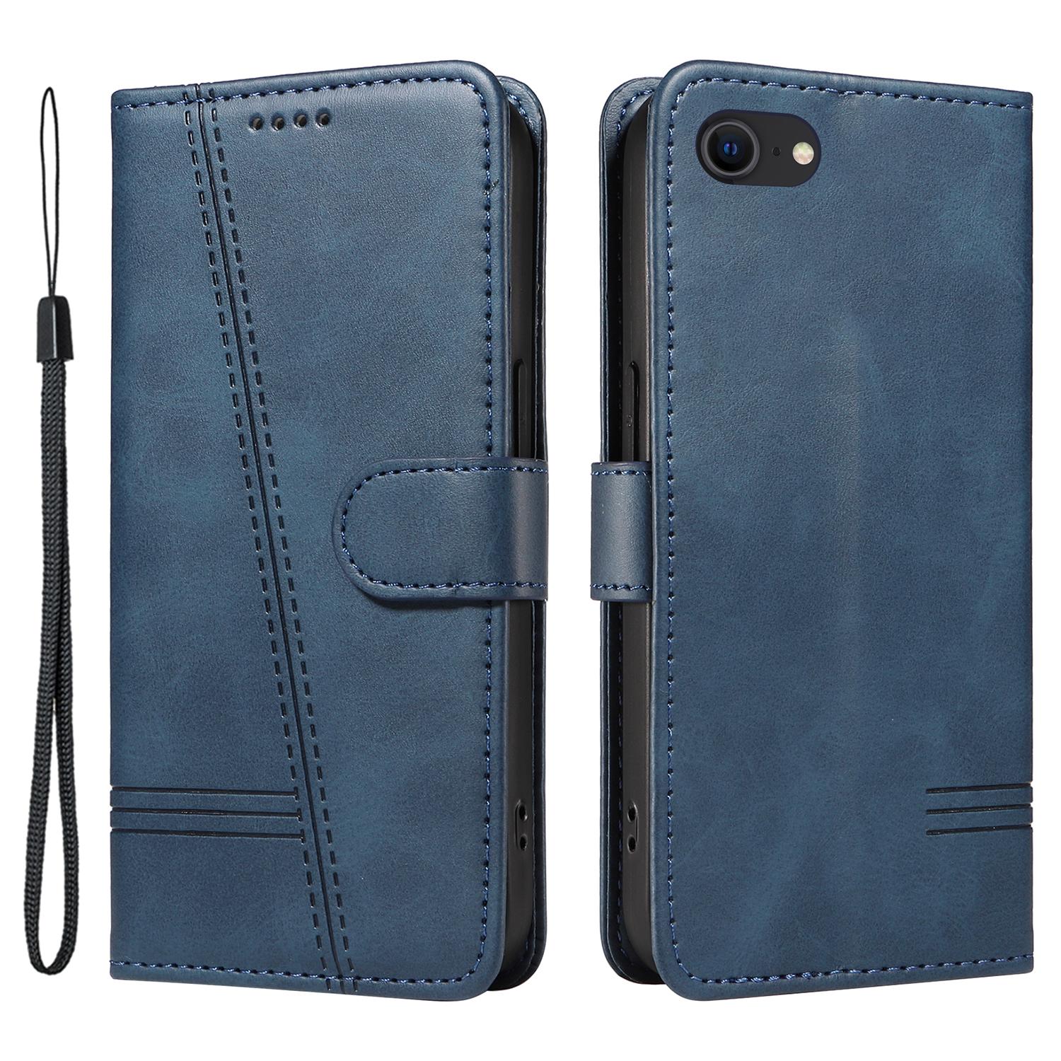 

For iPhone 6/7/8/SE (2020)/SE (2022) Phone Case Imprinted Line PU Leather Cover Wallet with Wrist Strap Blue