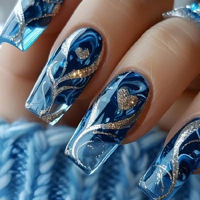 24pz Unghie Adesive Glitter Oro Cuore Blu Design Fiorito Unghie Finte Copertura Totale Facili da Applicare per Donne e Ragazze