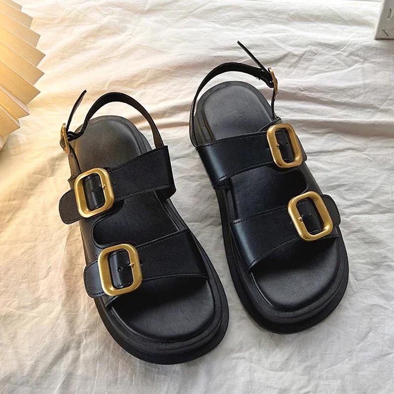 Fashion Gladiator Platform Women's Sandals 2025 Summer Women Flat Sandals Fashion Casual Metal Buckle Soft Bottom Ladies Sandals