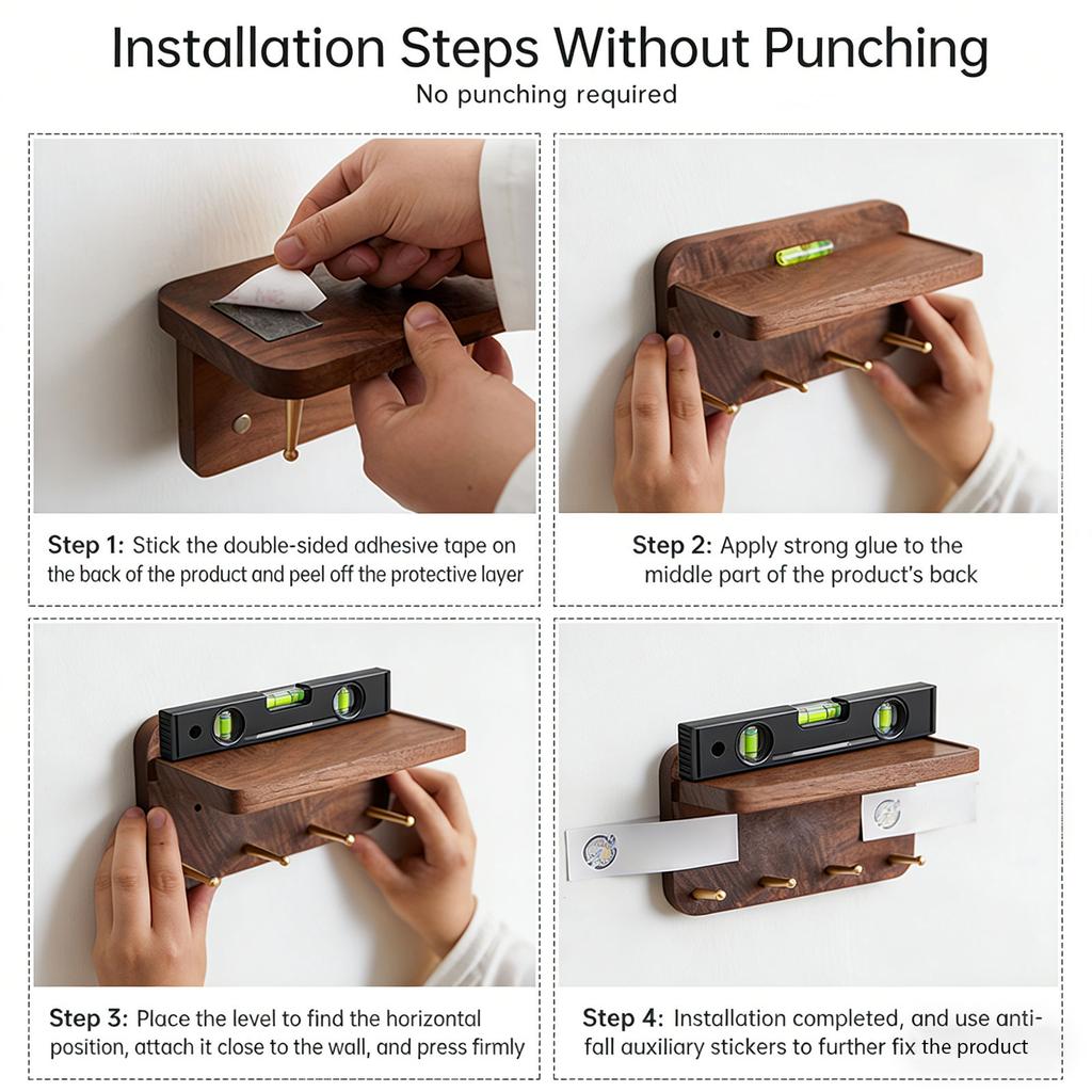 Attractive Wall Mount Key Rack 4 Durable Brass fasteners And Wooden Shelf For Keys Accessories Mail Arrangement