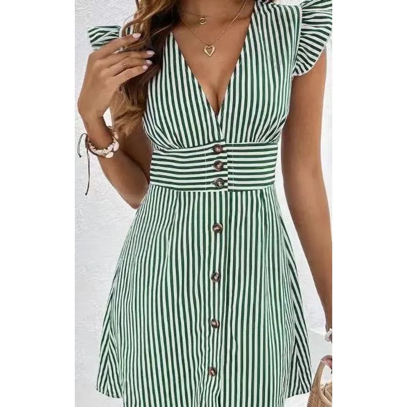 

European and American New Women clothes Summer Temperament Stripe V-neck Flying Sleeves Dress Striped V-neck Dress Green S