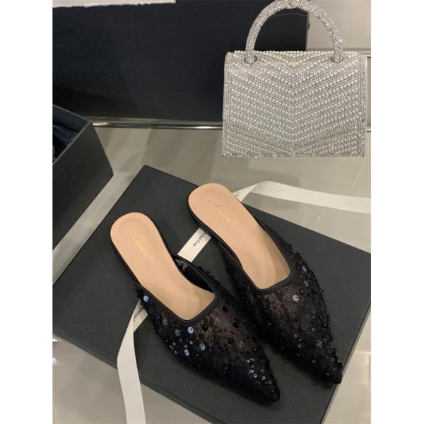 

Модная обувь Женская 2025 Низкие шлепанцы Повседневные Остроносые Пантофли С бусинами Роскошные Новые Летние Плоские Шлепанцы на каблуке-рюмочке Мода Ром 35