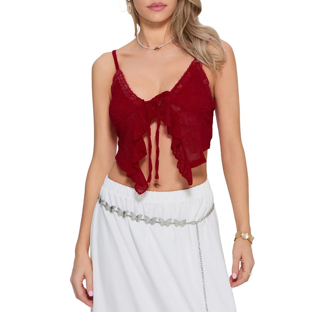 Women Crop Tie Front Camisole Casual Summer Lace Trim Spaghetti Strap Tank Tops Sleeveless T-Shirt for Club Streetwear