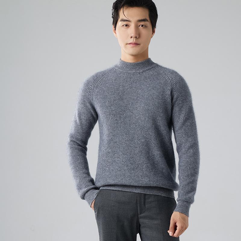 New Shoulder Sleeve Cashmere Sweater Men's Semi-turtleneck Thickened Sweater Solid Color Knitted Wool Base